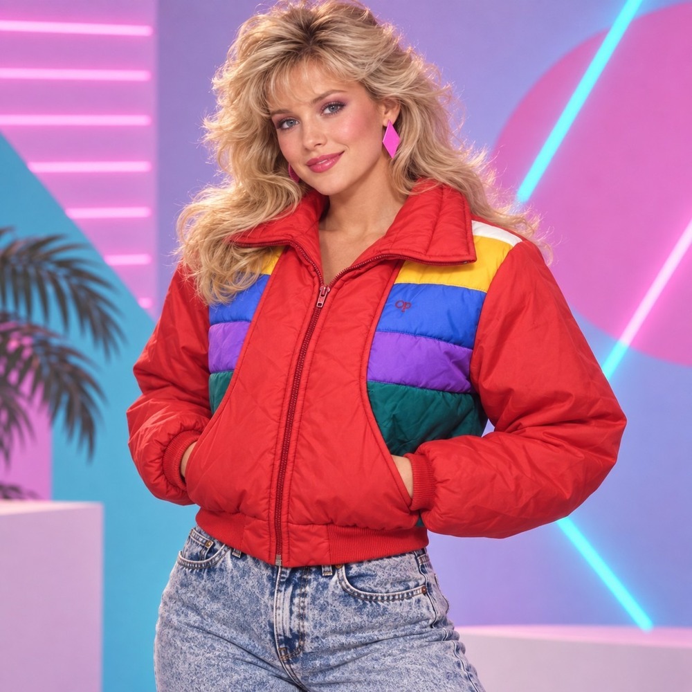 Vintage 80s Ocean Pacific OP Rainbow Puffer Jacket Womens L Colorblock Ski Bunny